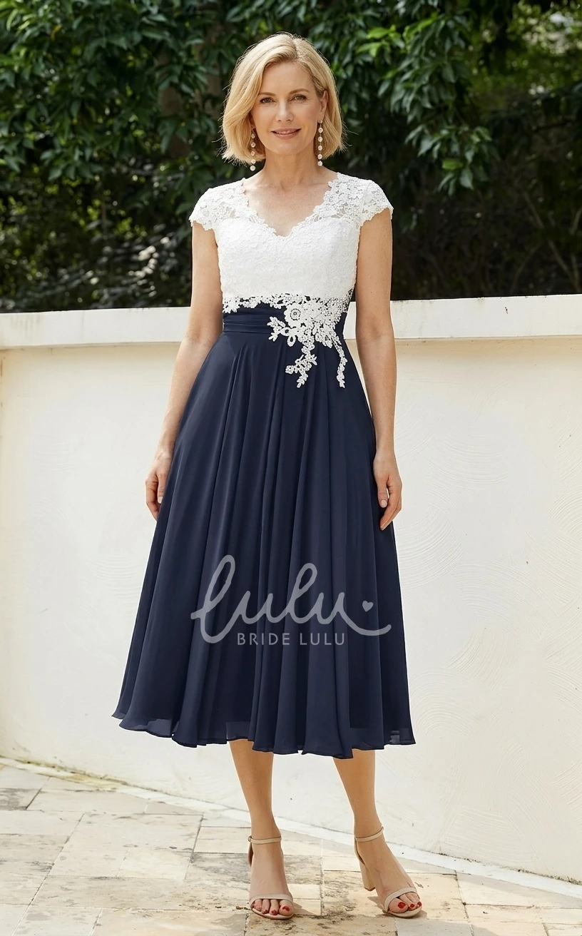Petite Tea-length Sexy Elegant A-Line V-neck Lace Appliques Chiffon Short Cap Sleeve Mother of the Bride Guest Dress