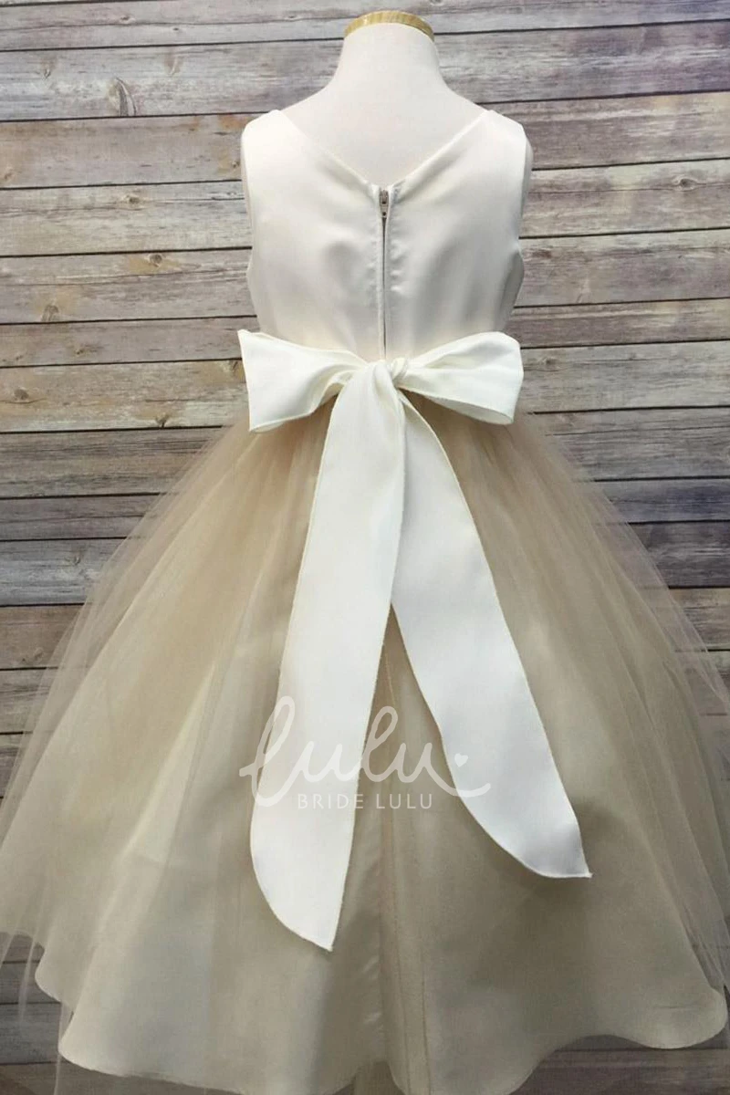 Beaded Tulle Tea-Length Flower Girl Dress with V-Neck