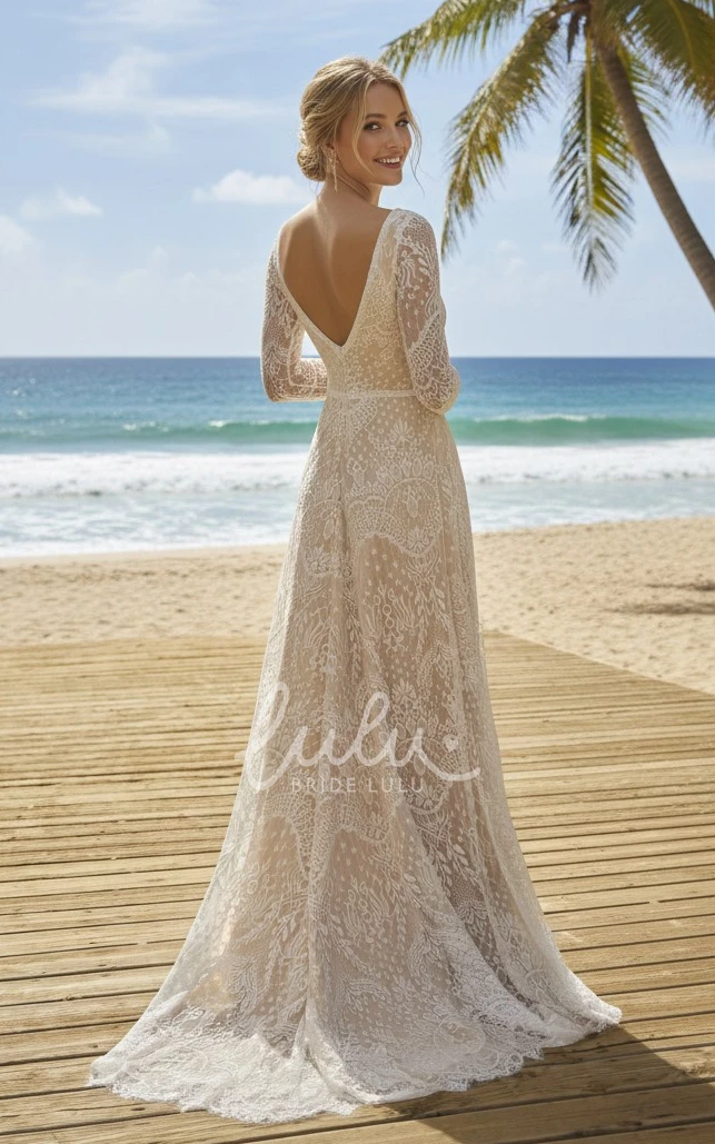 Beach Boho Lace Long Sleeve Wedding Dress A-Line Deep V Neckline Bridal Gown