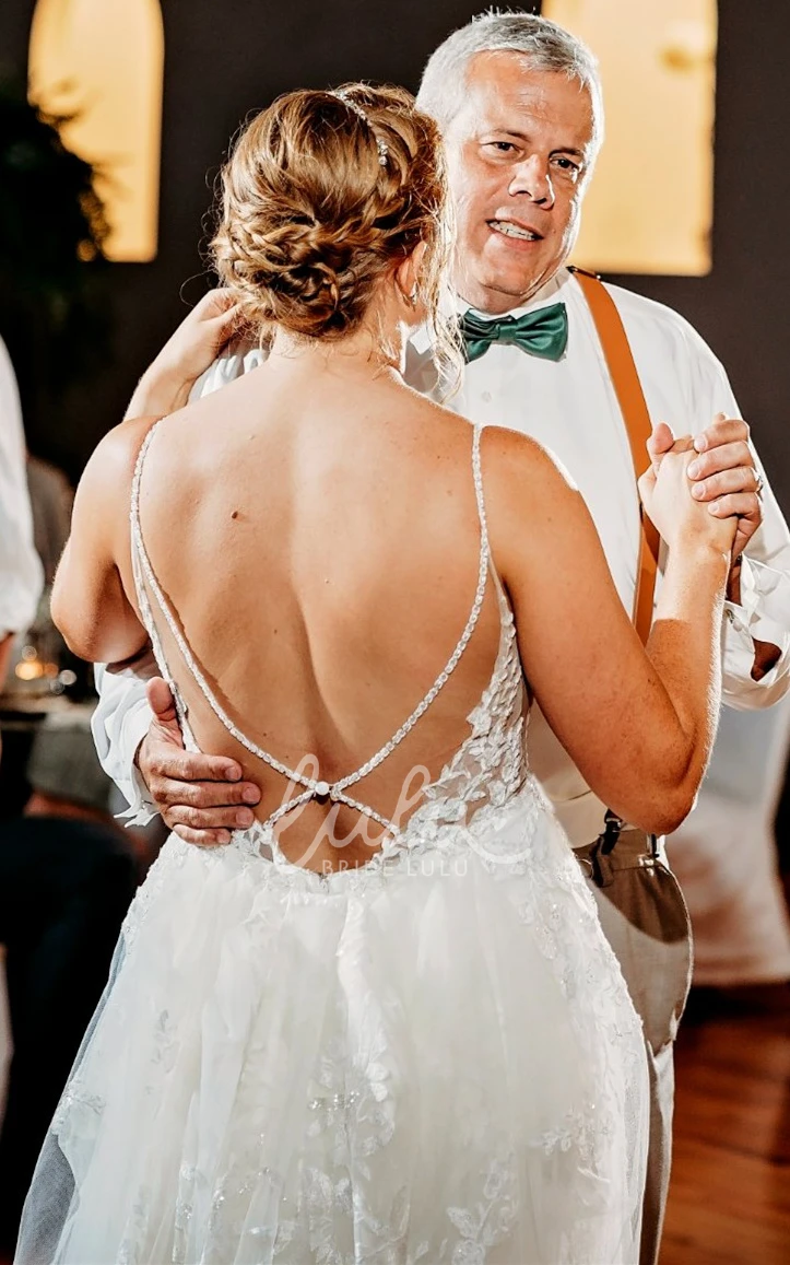 A-Line Tulle Wedding Dress with Appliques Spaghetti Straps V-neck Simple