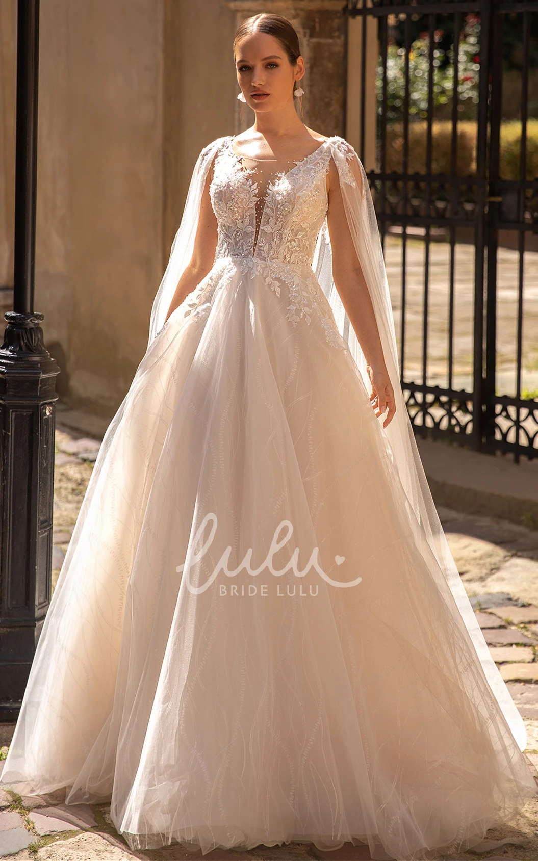Ethereal A Line Tulle Wedding Dress with Plunging Neckline and Appliques Unique Wedding Dress