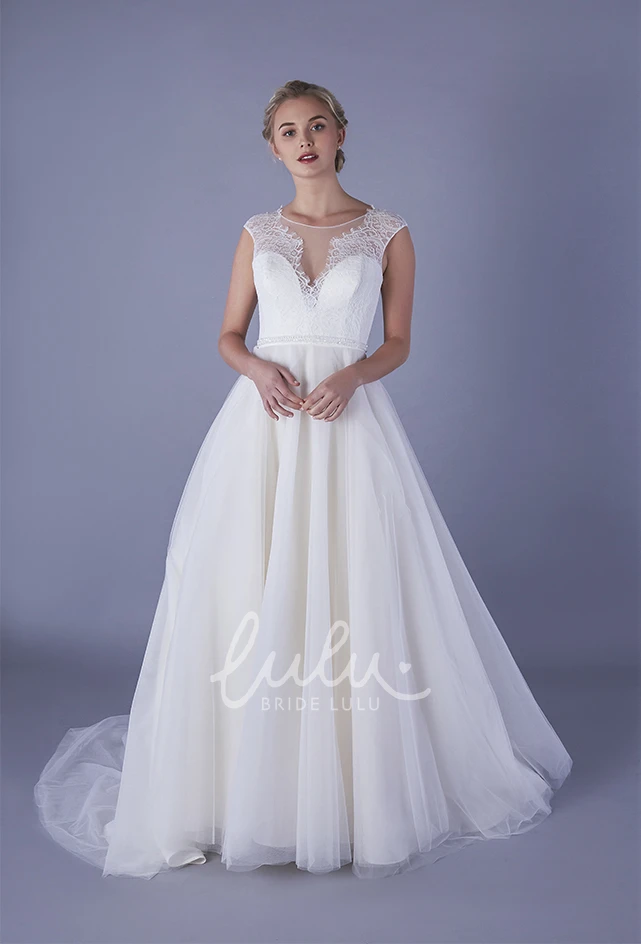 A-line Tulle Ball Gown with Illusion Lace V-neck and Back for Brides