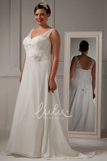 A-Line Lace-up Bridal Gown with V Neck and Waist Flower Wedding Dress