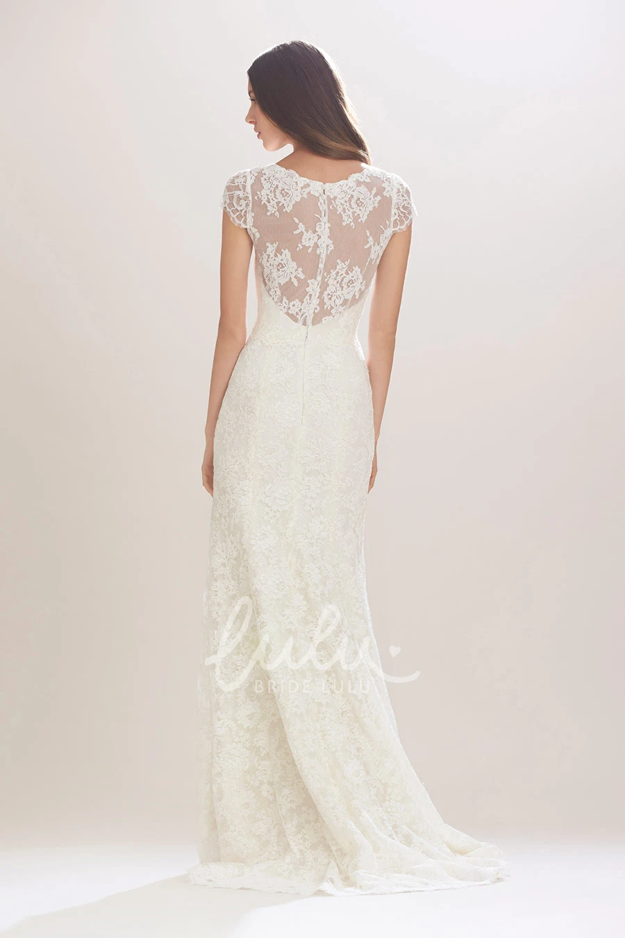 Illusion Cap-Sleeve Lace Wedding Dress with Ribbon Sheath Style for Brides