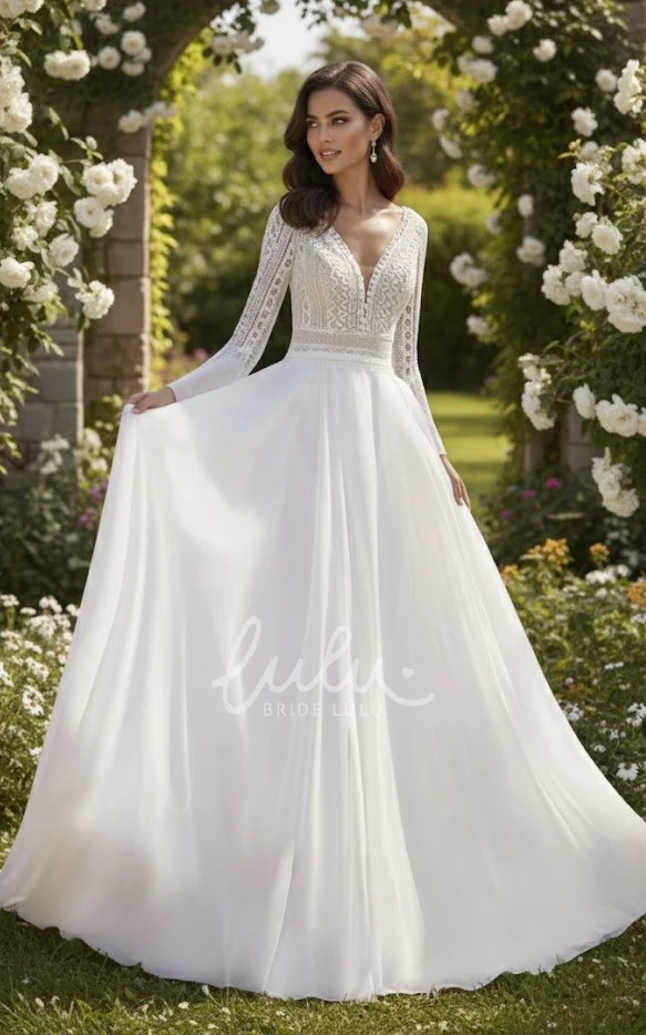 A-Line Boho Lace Long Sleeve Warm Bridal Gown Casual V-Neck Chiffon Wedding Dress For Outdoor Ceremonies