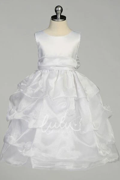 Ruched Organza Satin Flower Girl Dress Tea-Length