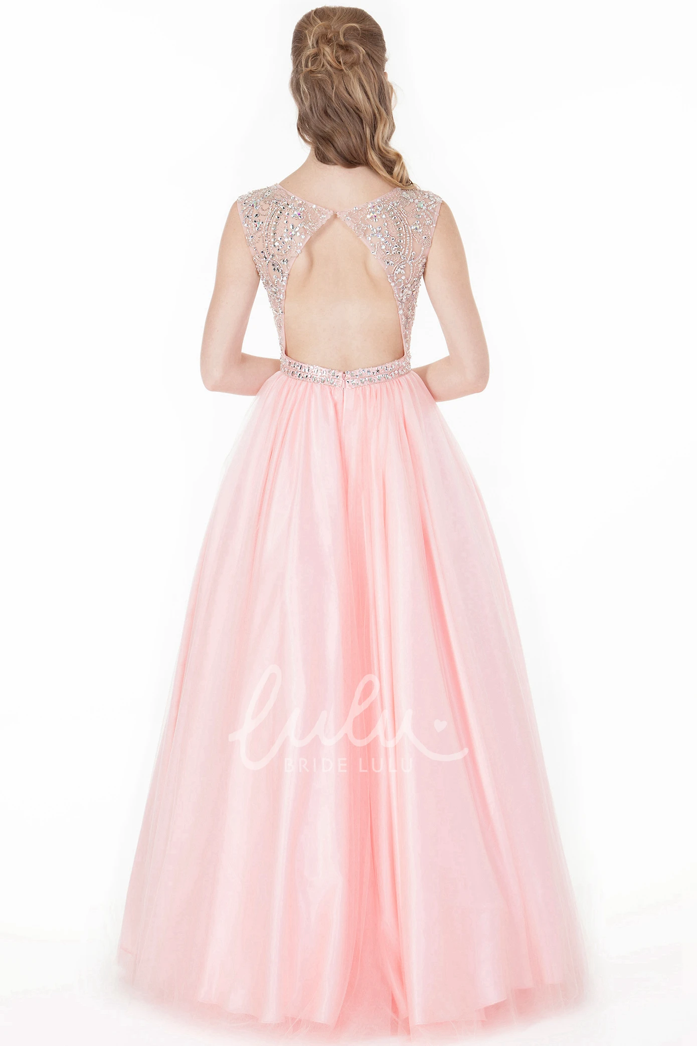 Beaded A-Line Tulle&Satin Prom Dress with Scoop-Neck Floor-Length