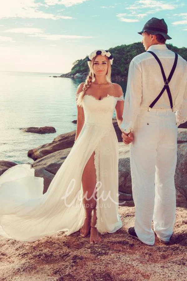 Lace Beach Wedding Dress with Off-Shoulder & Split Front