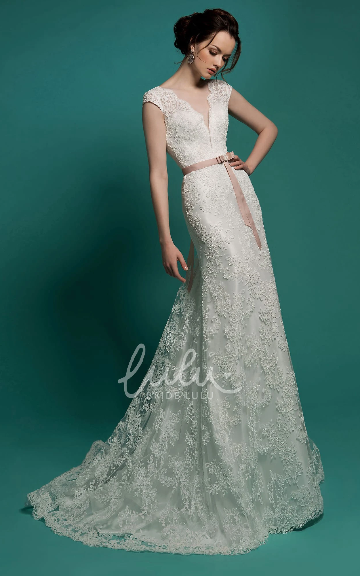 Mermaid V-Neck Lace Prom Dress with Cap Sleeves and Detachable Train