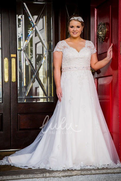 Lace Top Short Sleeve A-Line Tulle Dress With Crystal Sash Lace Top Short Sleeve A-Line