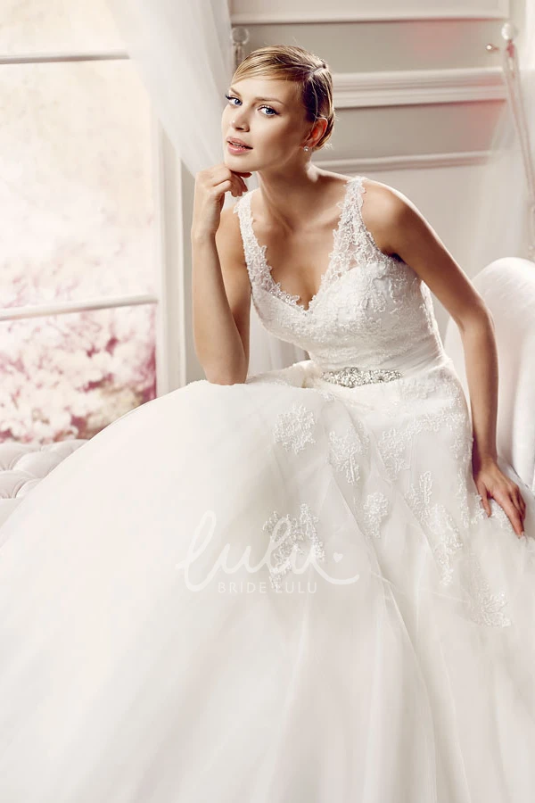V-Neck Tulle Ball-Gown Wedding Dress with Illusion Back Flowy Bridal Gown
