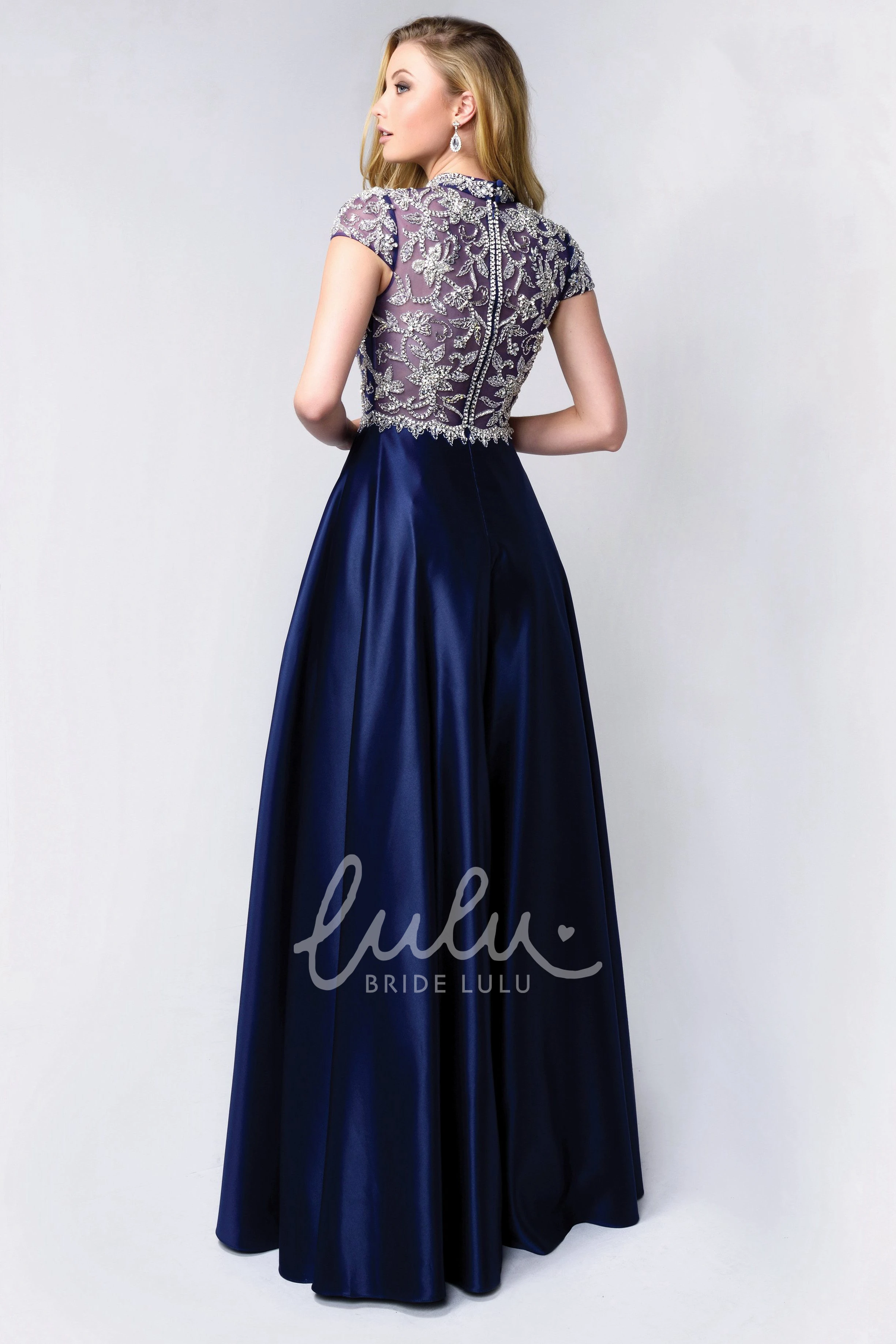 Short Sleeve A-Line Satin Illusion Dress with High Neck Pleats and Beading