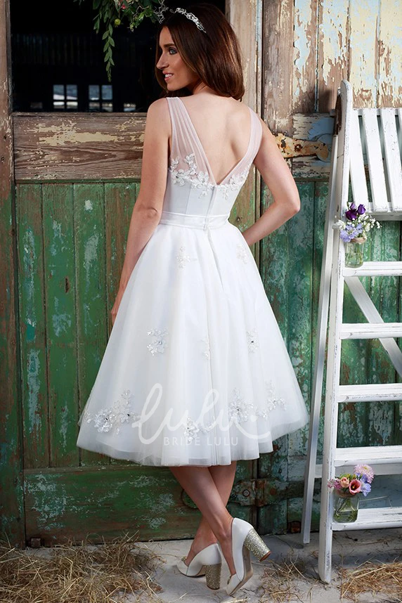 Tea-Length V-Neck Tulle Wedding Dress with Appliques A-Line Bridal Gown