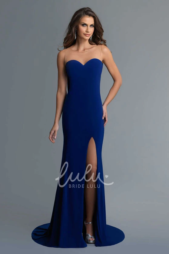 Long Sweetheart Sleeveless Sheath Jersey Bridesmaid Dress with Illusion and Split Front