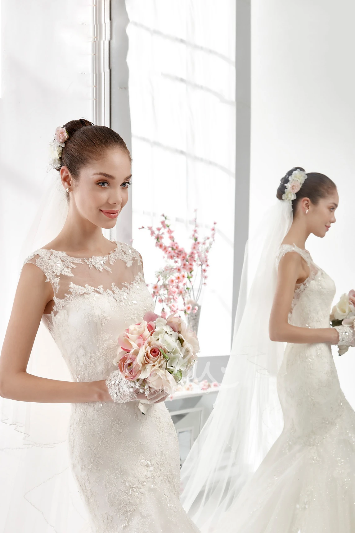 Illusive Neckline Sheath Wedding Dress with Jewel Neck and Mermaid Silhouette