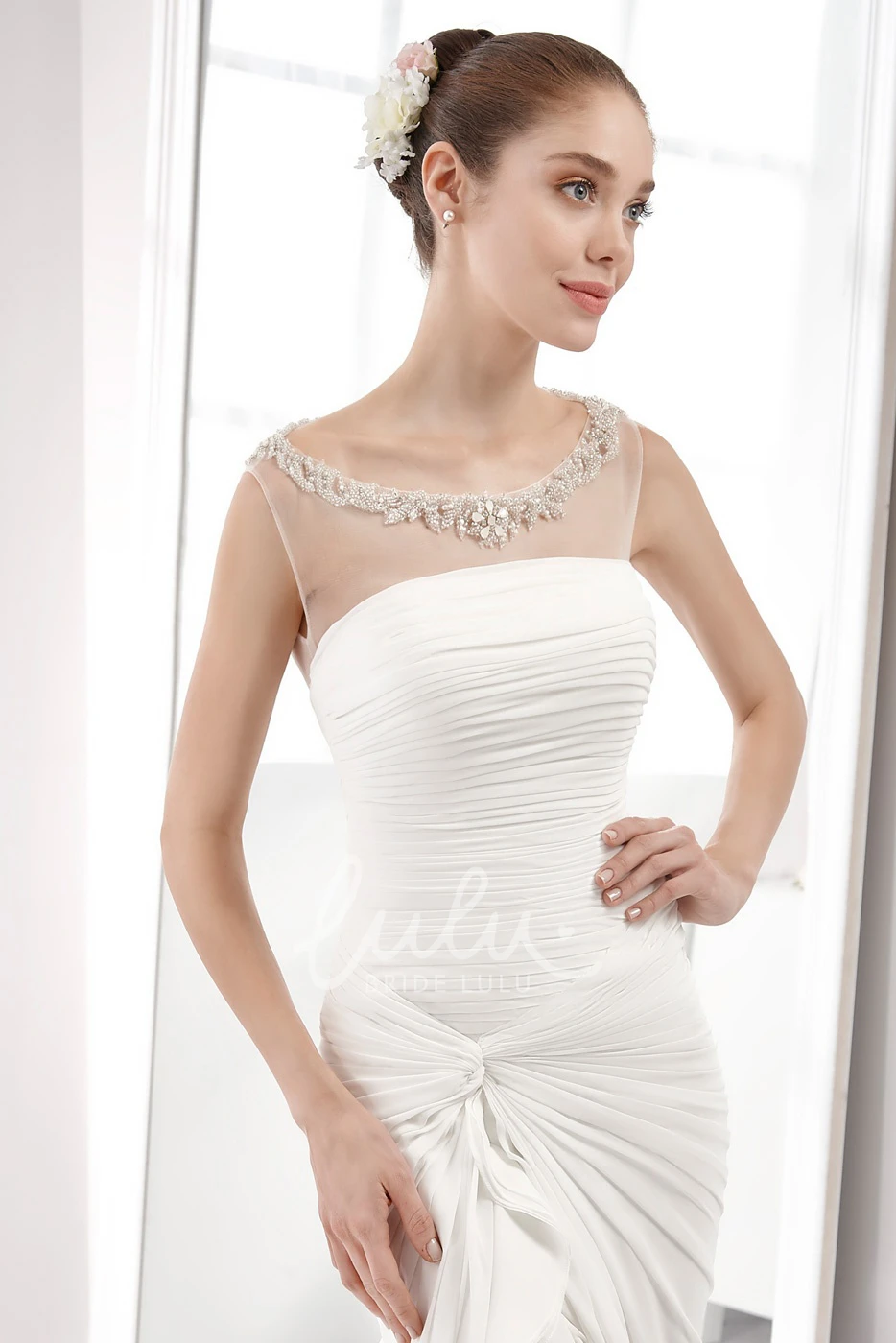 High-Low Chiffon Wedding Dress with Beaded Neckline Cap-Sleeve Pleated