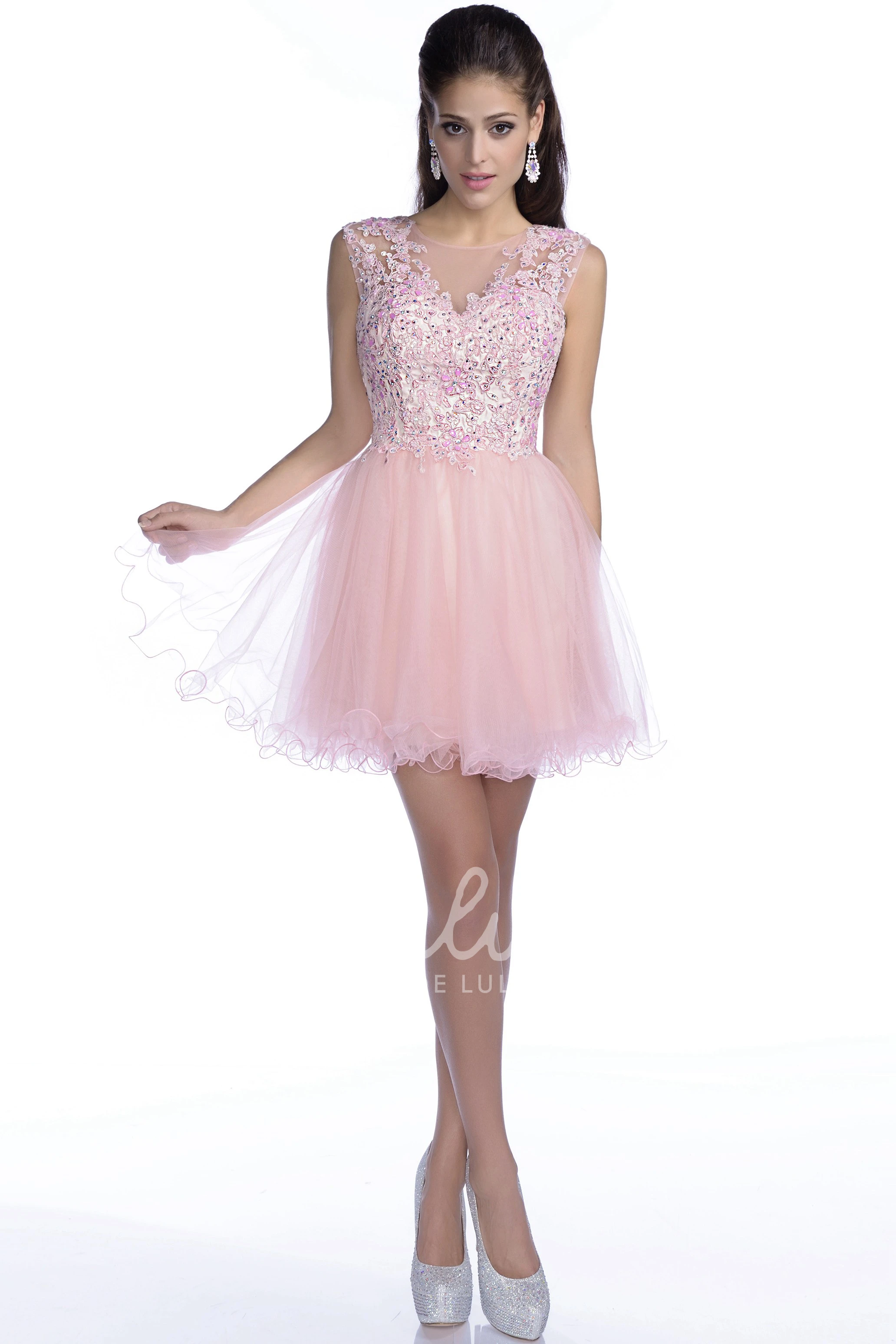 Short Sleeveless A-Line Tulle Prom Dress with Sequined Lace Bodice Chic Women's Formal Dress