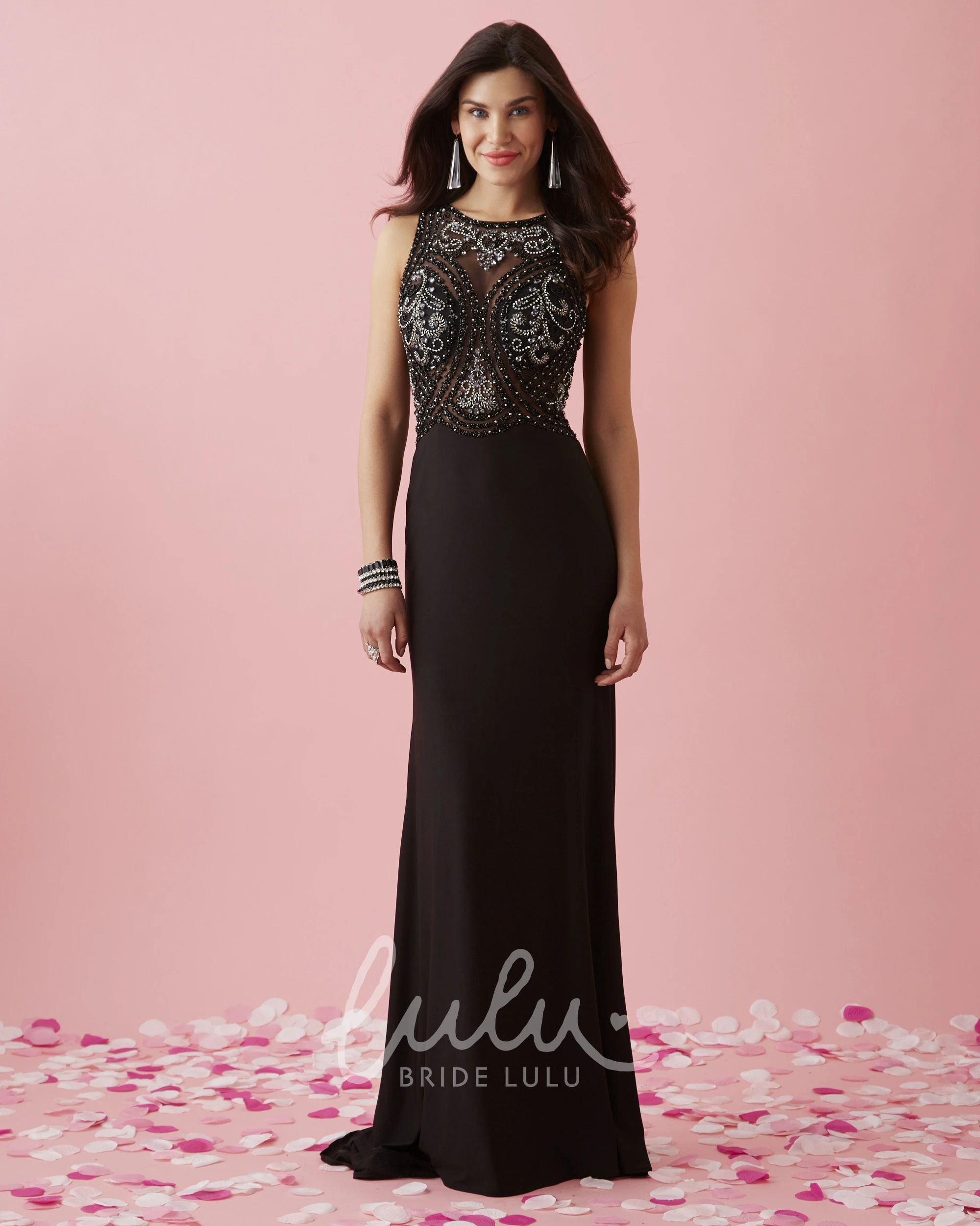 Scoop-Neck Sheath Jersey Bridesmaid Dress with Illusion and Beading