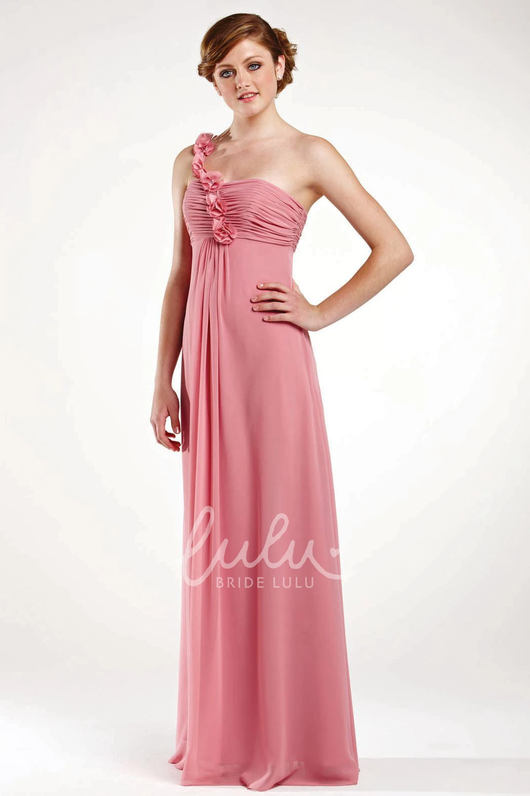 Floral One-Shoulder Chiffon Bridesmaid Dress Empire Draping Bridesmaid Dress