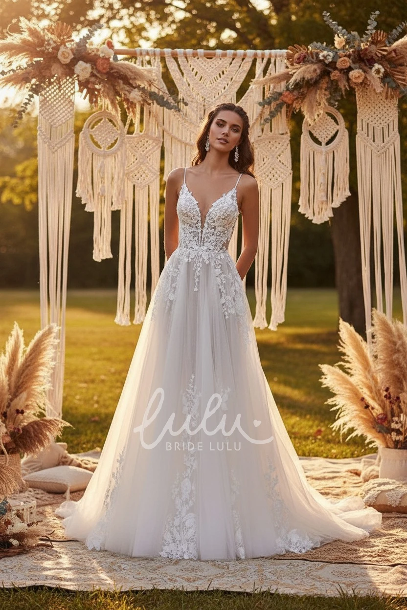 Sexy Romantic A-Line Lace Flowers Tulle Spaghetti Plunging Neckline Spring Wedding Dress Ethereal Elegant Sleeveless Floor-length Deep-V Back Garden Bridal Gown with Train