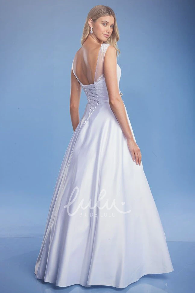 Bateau Lace Maxi Satin Wedding Dress with Broach Classic Wedding Dress