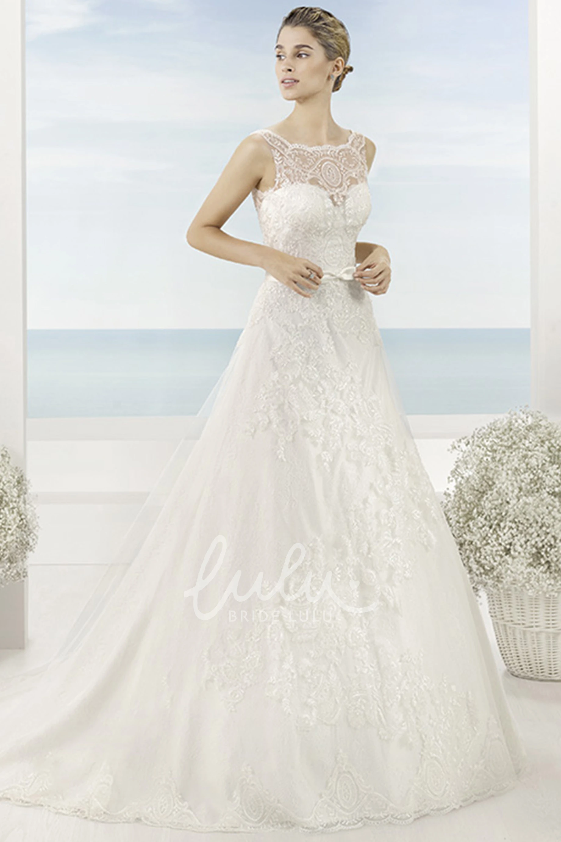 Bateau Maxi Lace & Satin Wedding Dress with Appliques & Deep-V Back A-Line