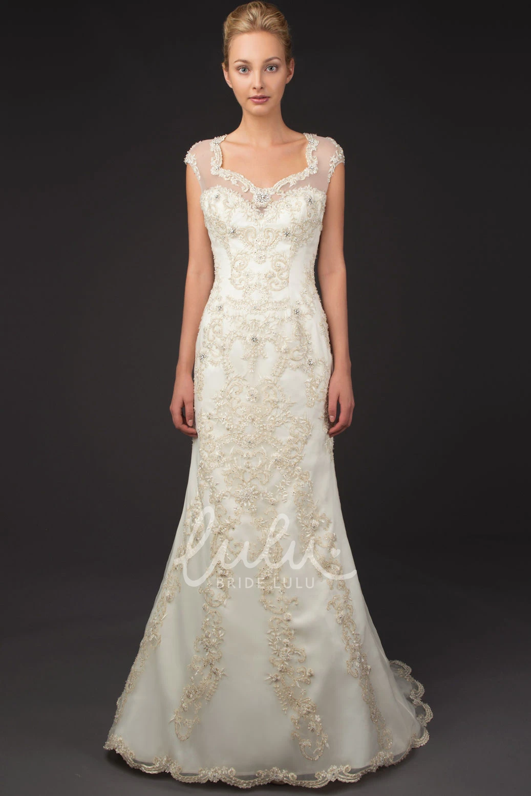 Cap Sleeve Appliqued Tulle Wedding Dress Square Neck Brush Train Bridal Gown