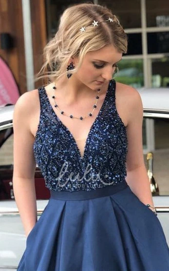 V-neck Satin A Line Sleeveless Formal Dress with Pockets Elegant Prom Dress