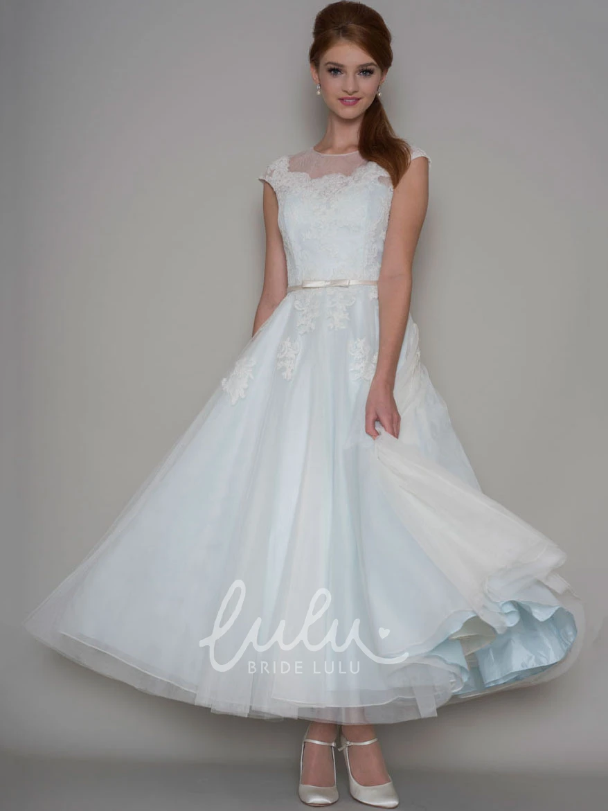 Tulle Cap Sleeve Ankle-Length A-Line Wedding Dress with Applique Unique Bridal Gown