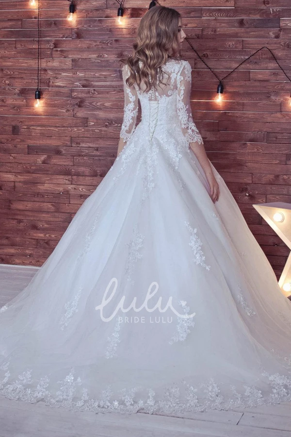 Long Sleeve Lace Tulle Ball Gown Wedding Dress