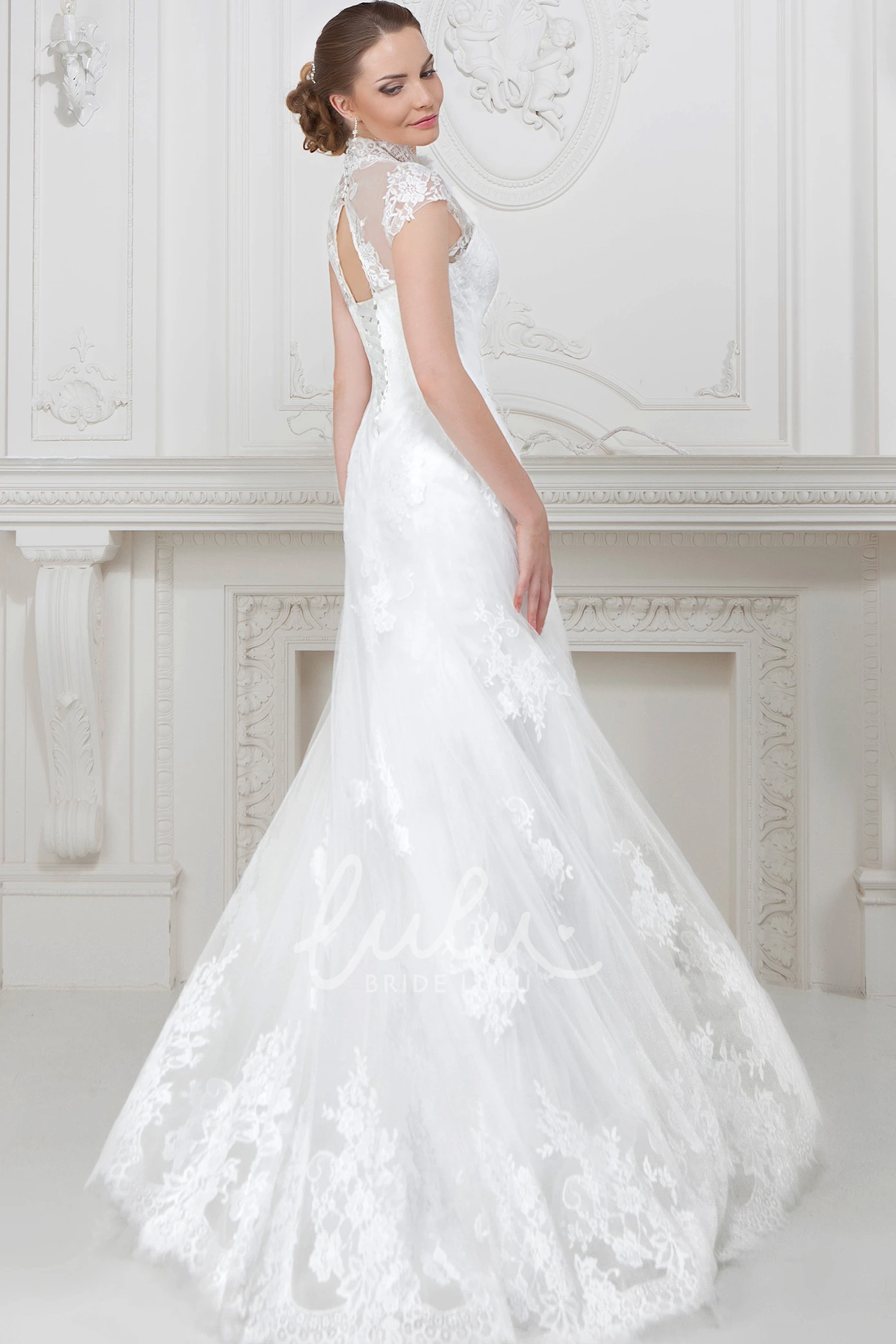 A-Line High Neck Lace Wedding Dress with Corset Back Cap-Sleeves Maxi