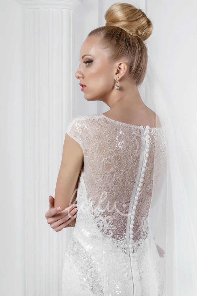 Sequined Lace Sheath Wedding Dress with Illusion Neckline
