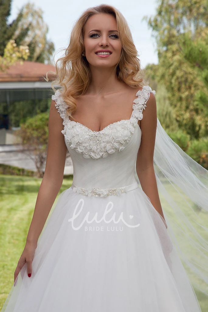Strapped Tulle Ball Gown Wedding Dress with Beading and Bow Classic Bridal Gown