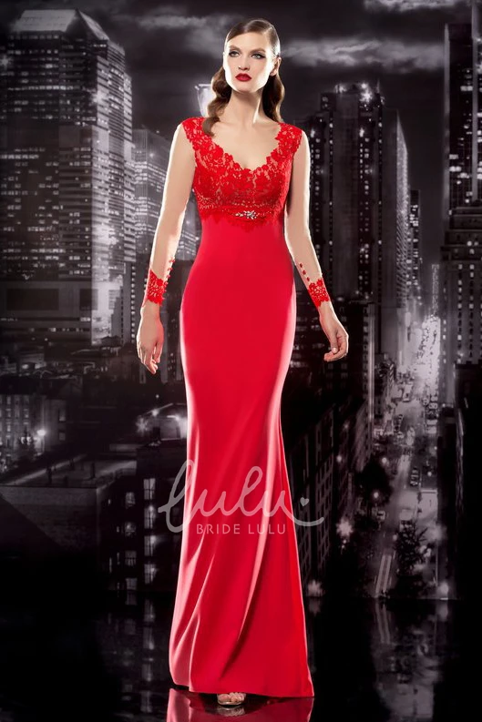 Pencil V-Neck Long Sleeve Jersey Formal Dress with Appliques Illusion Modern