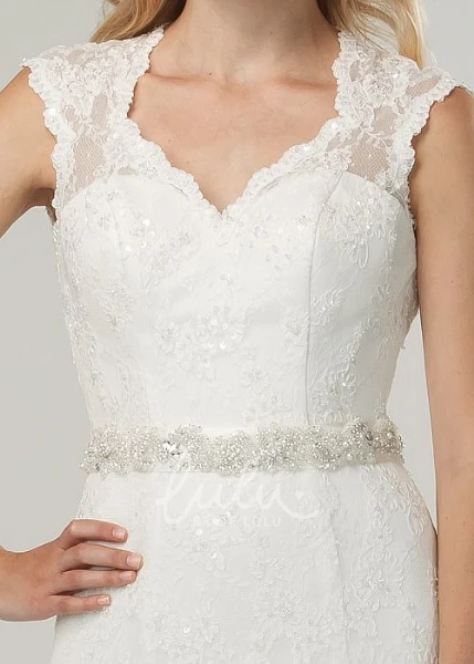 Beaded V-Neck Lace Wedding Dress with Bow and Sweep Train Elegant Bridal Gown