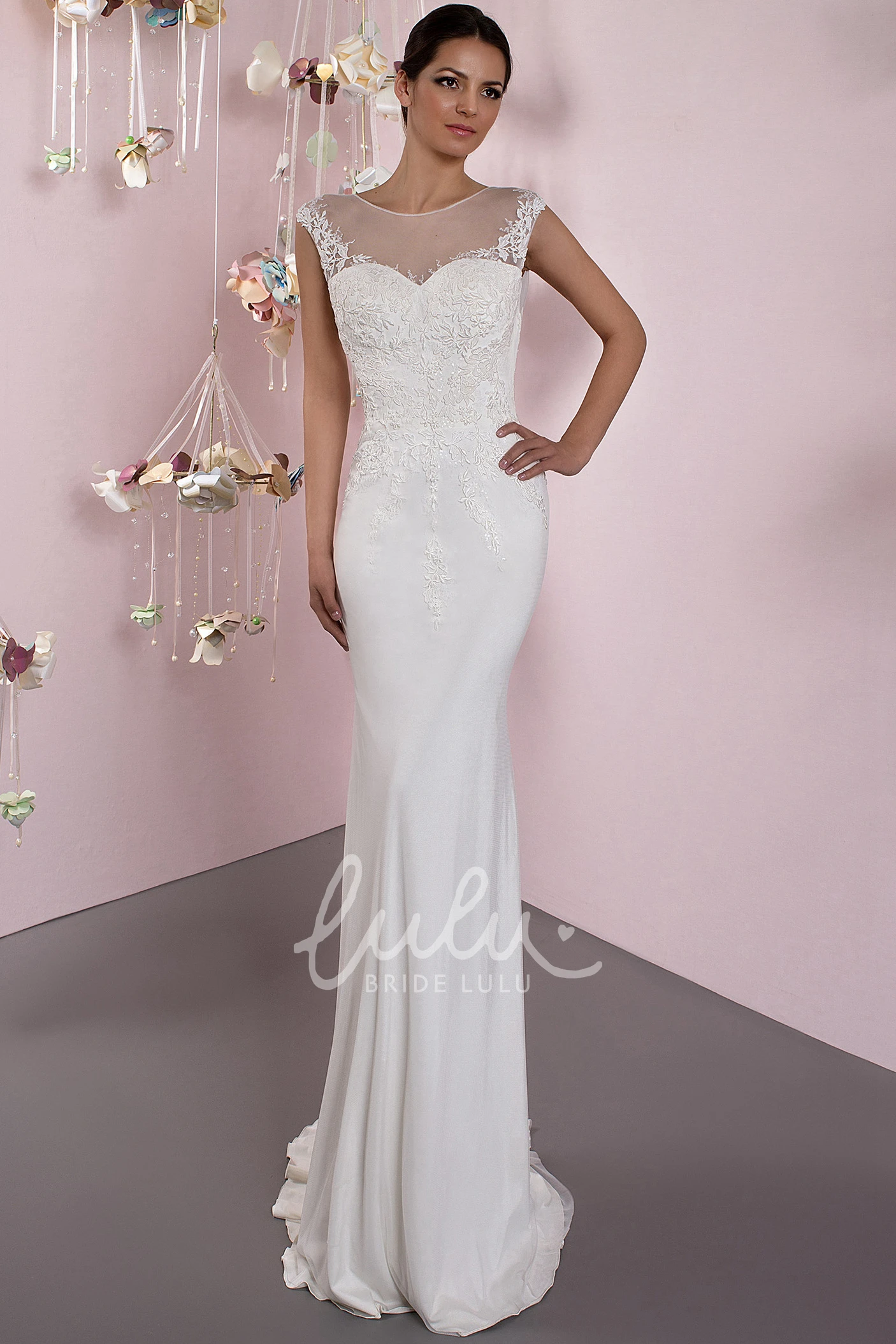 Maxi Jersey Pencil Wedding Dress with Cap-Sleeves and Low-V Back Modern Bridal Gown