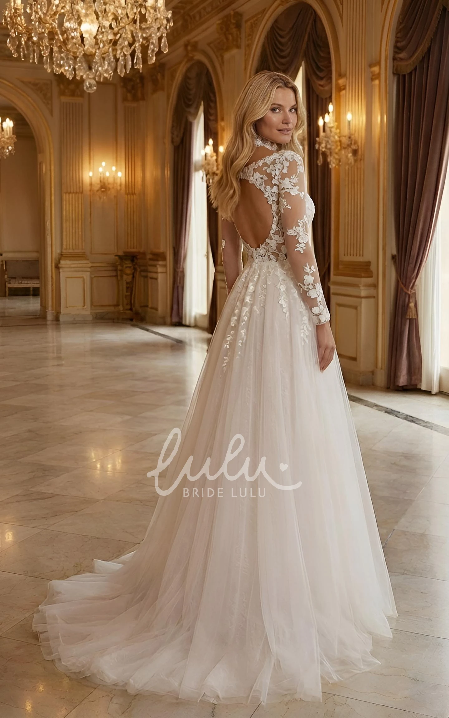 Modern Square Neck Lace Long Sleeves Wedding Dress Flowy A-Line Bridal Gown with Open Back