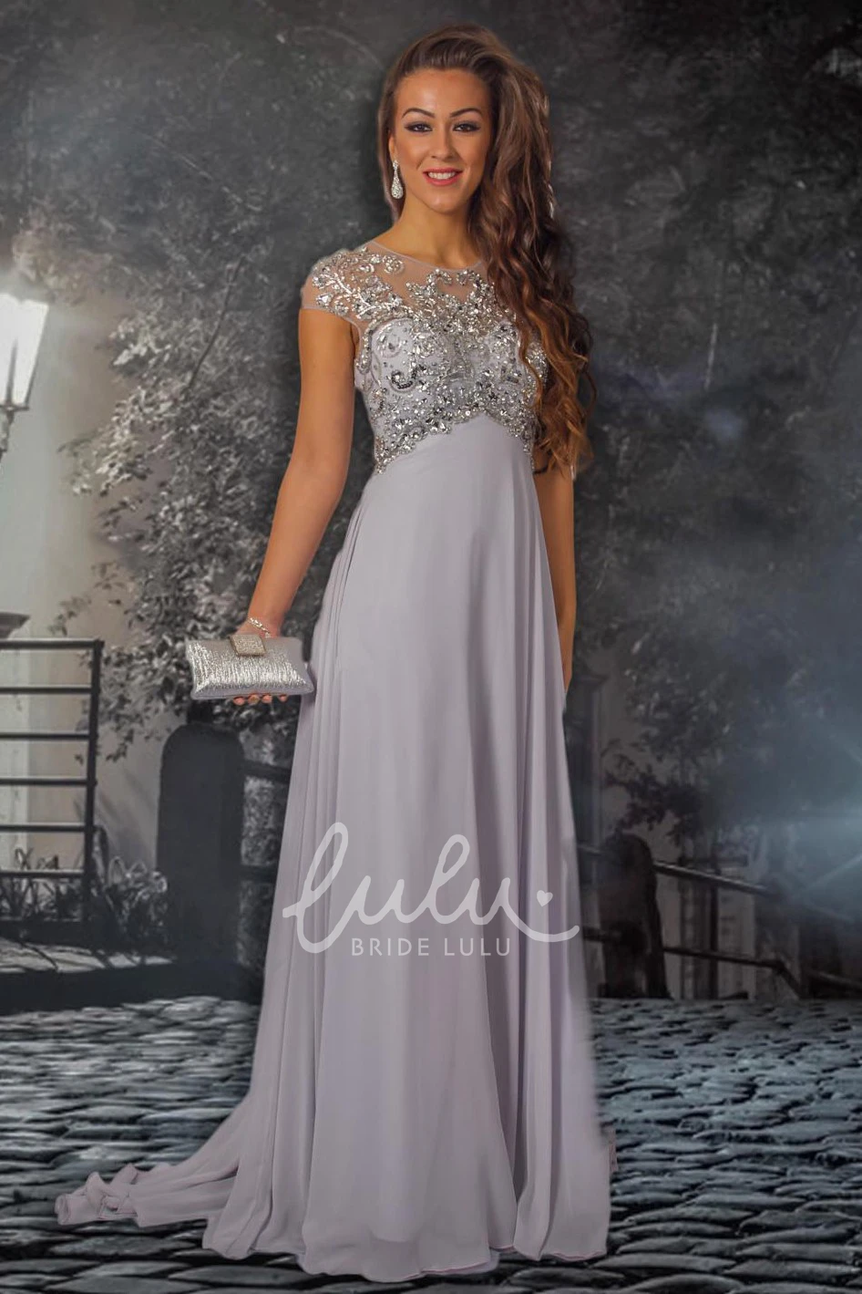 Sheath Beaded Chiffon Prom Dress With Pleats Floor-Length Cap-Sleeve