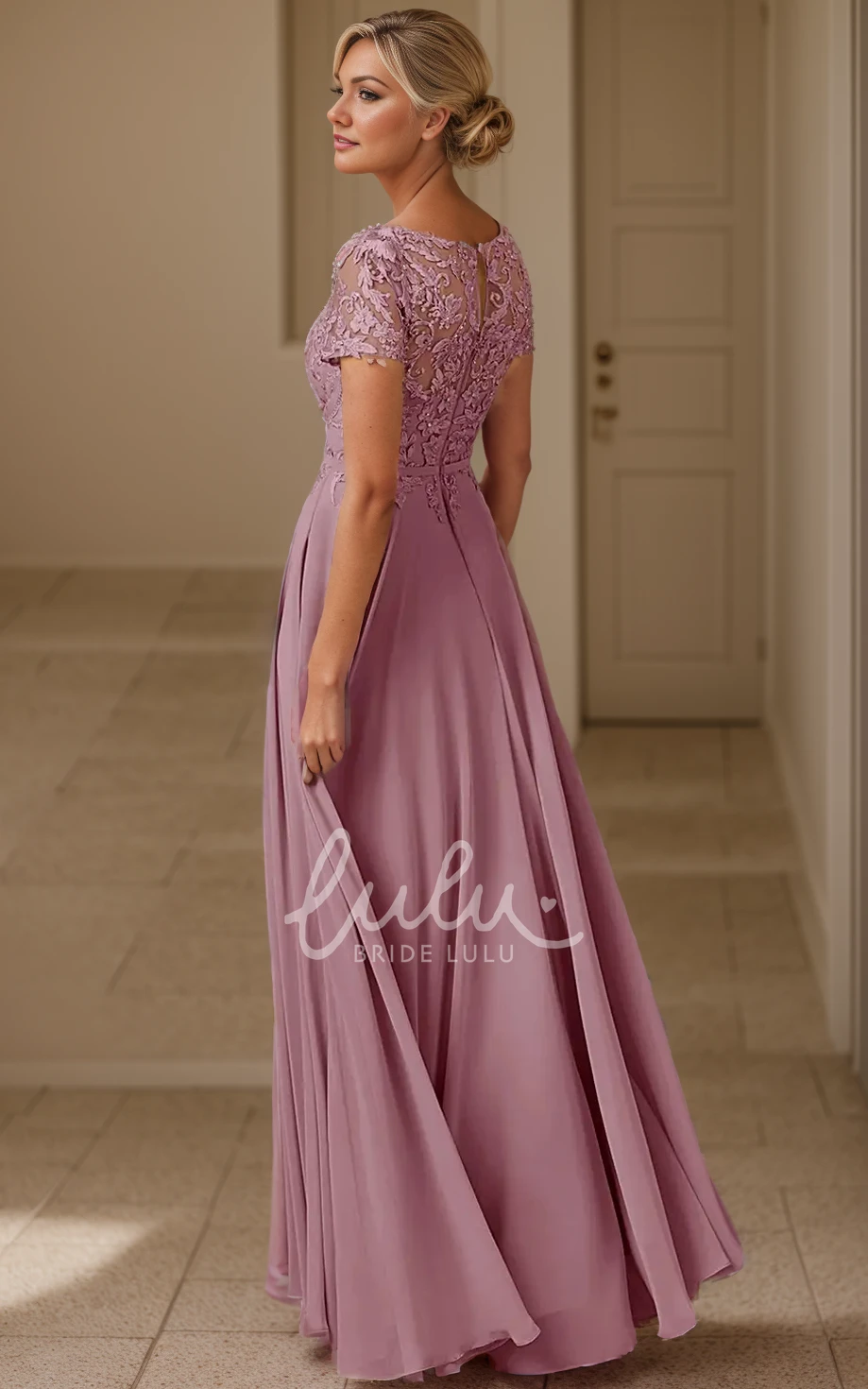 Vintage Modest Maxi A-Line Boho Lace MOB Gown Simple Casual Short Sleeves Wedding Guest Dress