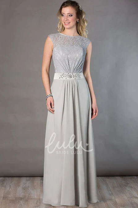 Chiffon Long Mother Of The Bride Dress Jewel Neck Cap Sleeve with Crystal Waist