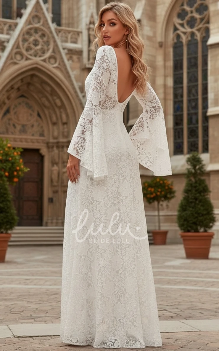 Romantic Floral Boho Lace Bell Sleeve Lace Winter Wedding Dress Elegant Sheath Column Bateau Neckline Long Maxi Courthouse Reception Bridal Gown