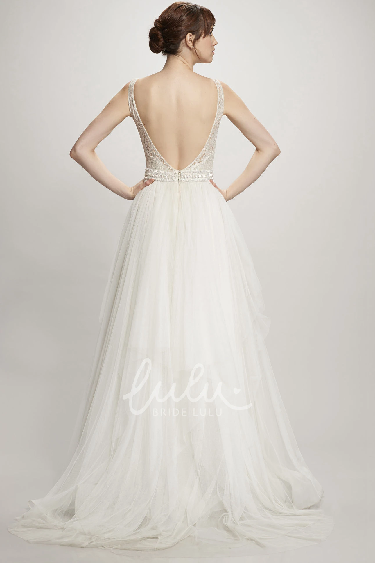 Appliqued Tulle&Lace A-Line Wedding Dress with Deep-V Back Unique Bridal Gown