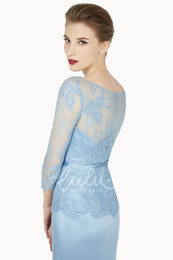 Satin Long Prom Dress with Floral Satin Sash and 3-4 Sleeve