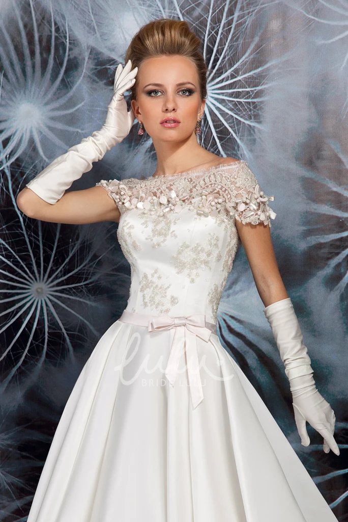Cap Sleeve Bateau Neck Satin Spring Wedding Dress with Appliques A-Line Maxi Style