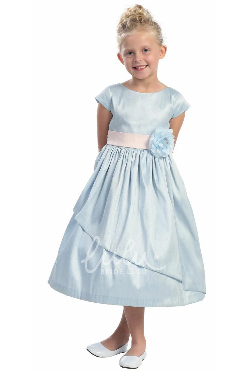 Floral Tea-Length Flower Girl Dress with Bows and Sash Modern Bridesmaid Dress