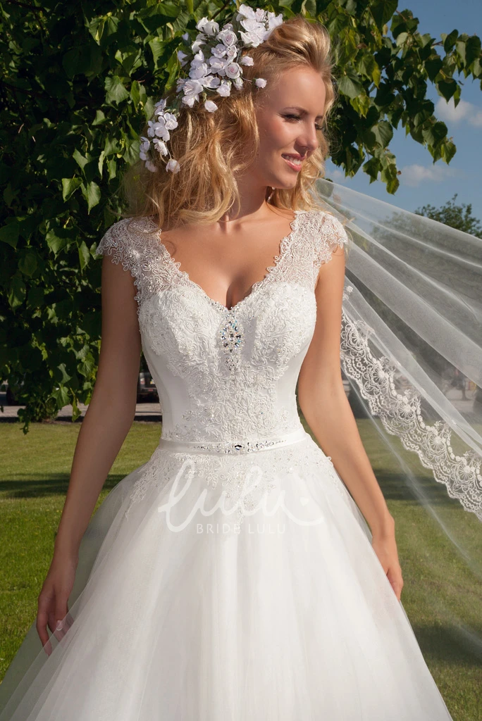 V-Neck Appliqued Tulle Maxi Wedding Dress with Beading Unique Bridal Gown