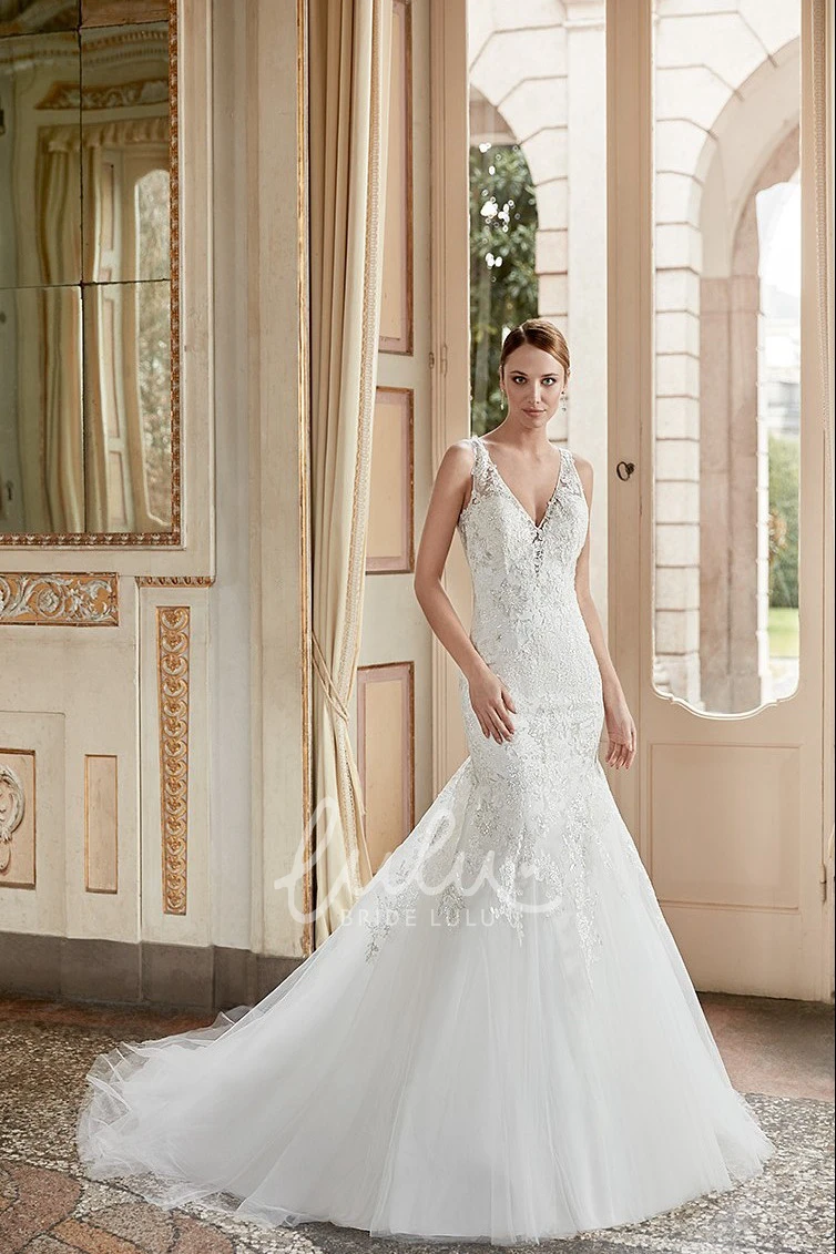 Sleeveless V-Neck Tulle&Lace Trumpet Wedding Dress