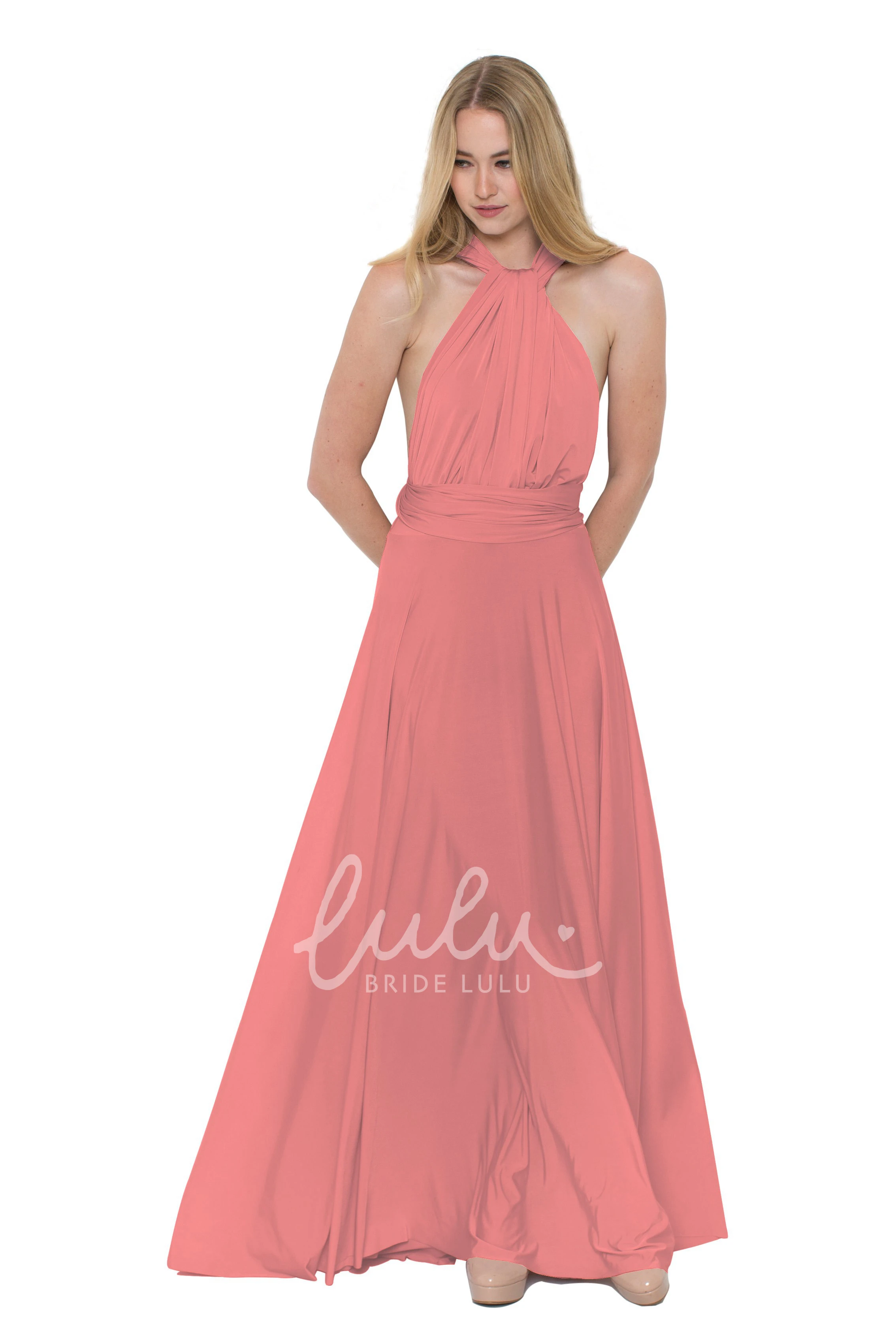 V-Neck Ruched Chiffon Bridesmaid Dress Floor-Length Sleeveless Convertible Multi-Color