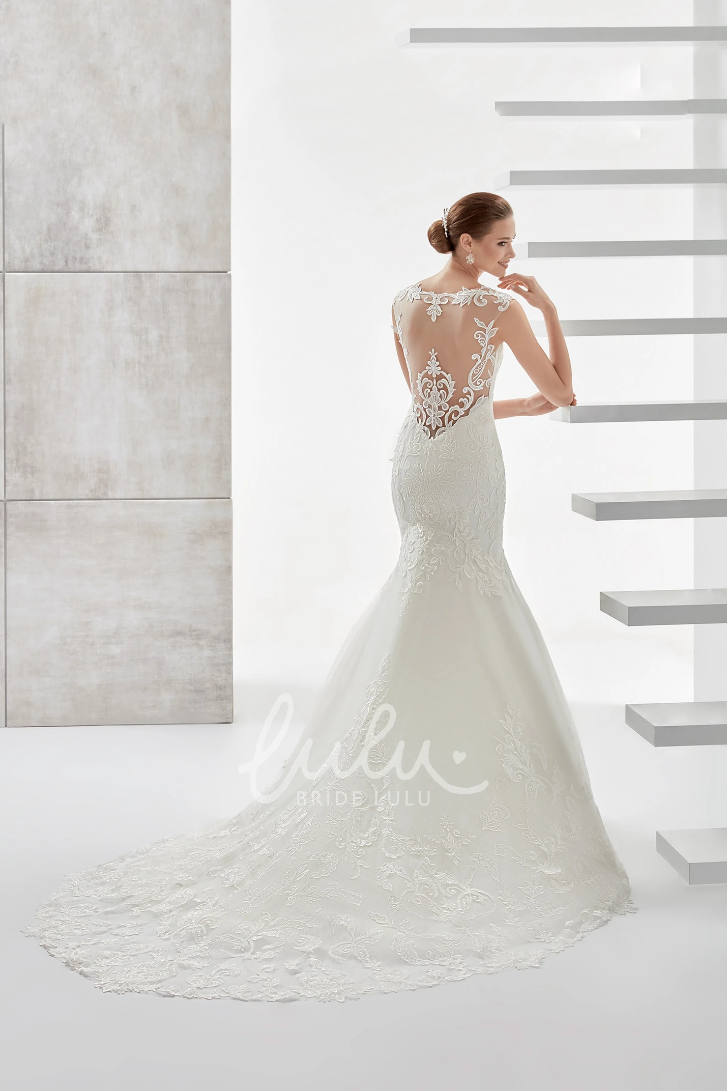 Lace Mermaid Wedding Dress with Jewel Neckline and Brush Train Elegant Bridal Gown