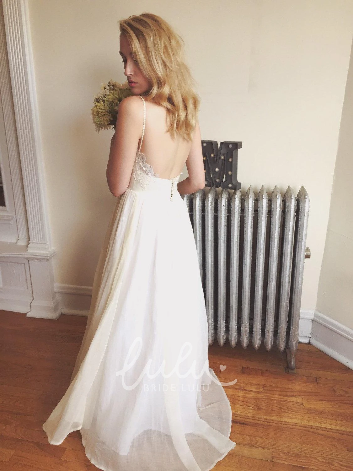 Boho Spaghetti Strap A-Line Chiffon Wedding Dress with Backless Design